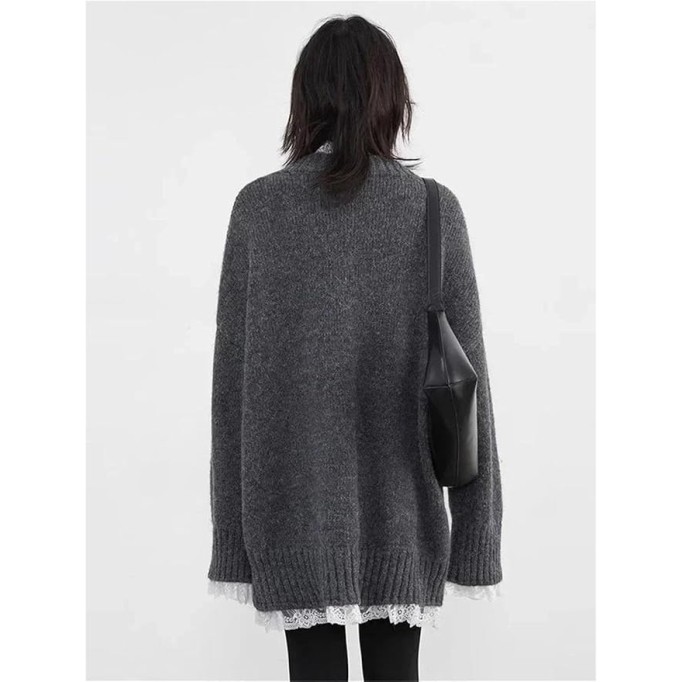 Women's Casual V-Neck Long Sleeve Loose Fit Pullover Lace Patchwork Mid-Length Knitted Tunic Sweater
