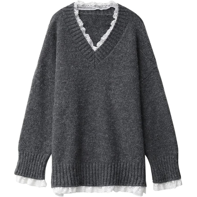 Women's Casual V-Neck Long Sleeve Loose Fit Pullover Lace Patchwork Mid-Length Knitted Tunic Sweater
