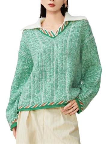 Women's Textured Knit Sweater Loose-Fitting V-Neck Pullover Casual Long-Sleeved Knit Top