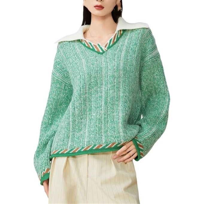 Women's Textured Knit Sweater Loose-Fitting V-Neck Pullover Casual Long-Sleeved Knit Top