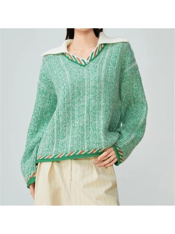 Women's Textured Knit Sweater Loose-Fitting V-Neck Pullover Casual Long-Sleeved Knit Top