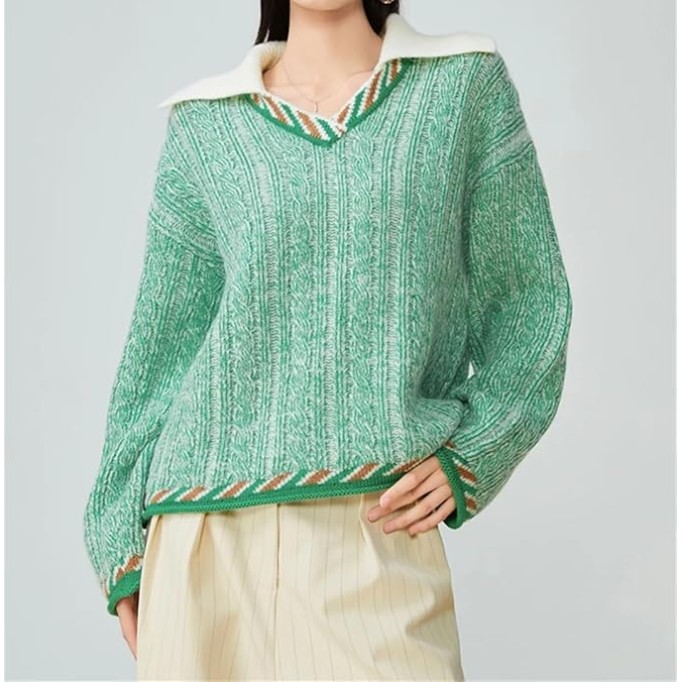 Women's Textured Knit Sweater Loose-Fitting V-Neck Pullover Casual Long-Sleeved Knit Top