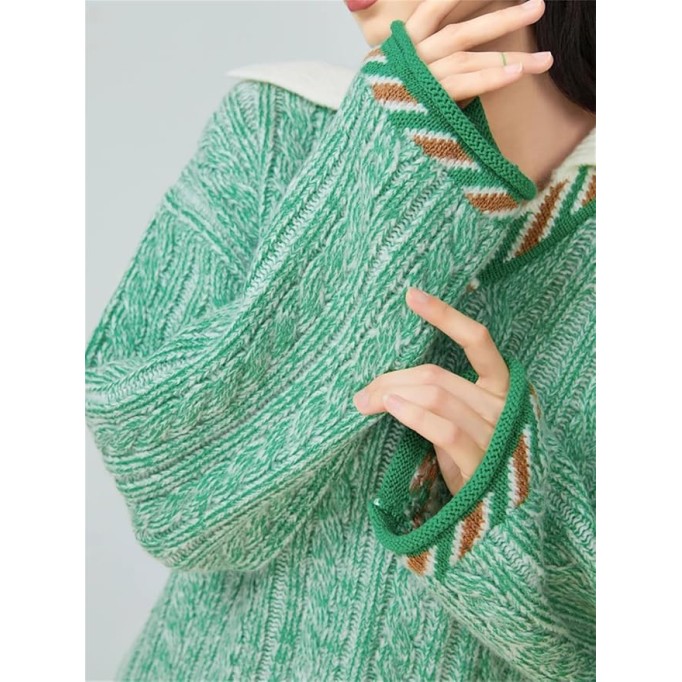 Women's Textured Knit Sweater Loose-Fitting V-Neck Pullover Casual Long-Sleeved Knit Top