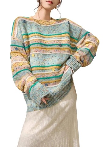 Women's Oversized Colorful Striped Sweater - Loose-Fit Knit Pullover Casual Street Style Sweater
