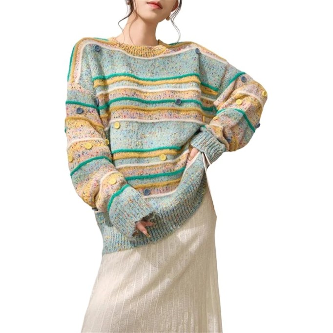 Women's Oversized Colorful Striped Sweater - Loose-Fit Knit Pullover Casual Street Style Sweater