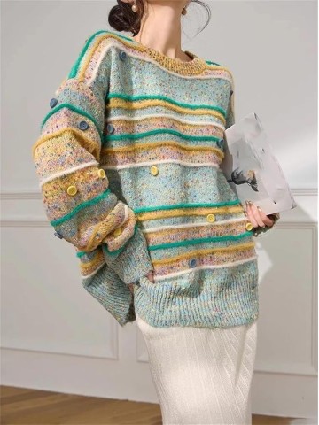 Women's Oversized Colorful Striped Sweater - Loose-Fit Knit Pullover Casual Street Style Sweater