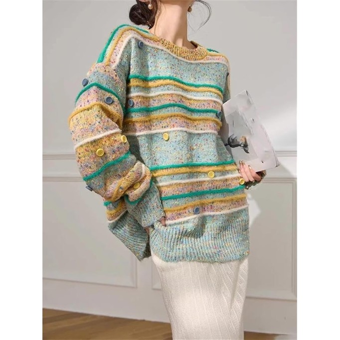 Women's Oversized Colorful Striped Sweater - Loose-Fit Knit Pullover Casual Street Style Sweater
