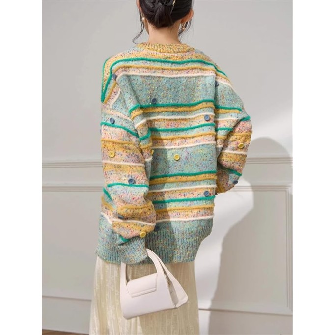 Women's Oversized Colorful Striped Sweater - Loose-Fit Knit Pullover Casual Street Style Sweater