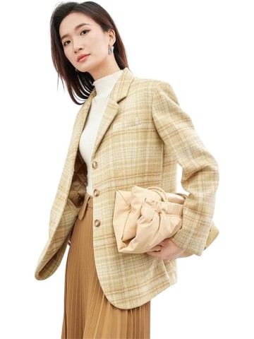 Women Plaid Woolen Tailored Blazer Jackets Notched Lapel Single Breasted Loose Suit Jacket
