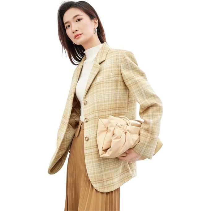 Women Plaid Woolen Tailored Blazer Jackets Notched Lapel Single Breasted Loose Suit Jacket