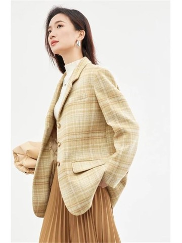 Women Plaid Woolen Tailored Blazer Jackets Notched Lapel Single Breasted Loose Suit Jacket
