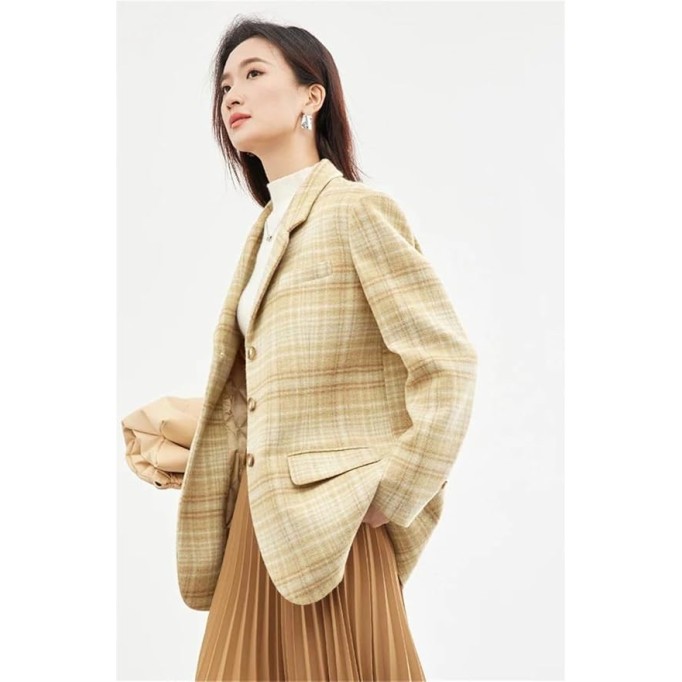 Women Plaid Woolen Tailored Blazer Jackets Notched Lapel Single Breasted Loose Suit Jacket