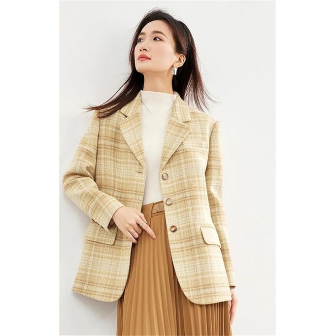 Women Plaid Woolen Tailored Blazer Jackets Notched Lapel Single Breasted Loose Suit Jacket