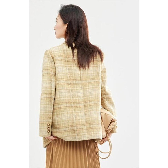 Women Plaid Woolen Tailored Blazer Jackets Notched Lapel Single Breasted Loose Suit Jacket
