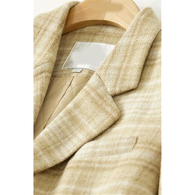Women Plaid Woolen Tailored Blazer Jackets Notched Lapel Single Breasted Loose Suit Jacket