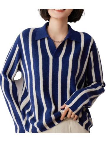 Women's Shawl Collar Pullover Casual Striped Knit Cashmere Sweater Loose Fit Pullover Blue