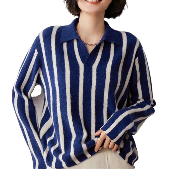Women's Shawl Collar Pullover Casual Striped Knit Cashmere Sweater Loose Fit Pullover Blue
