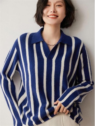 Women's Shawl Collar Pullover Casual Striped Knit Cashmere Sweater Loose Fit Pullover Blue
