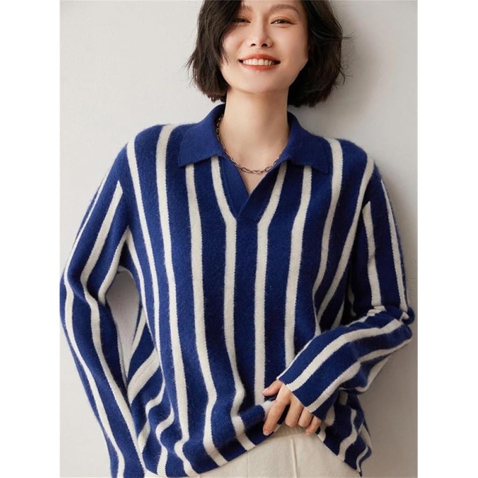 Women's Shawl Collar Pullover Casual Striped Knit Cashmere Sweater Loose Fit Pullover Blue