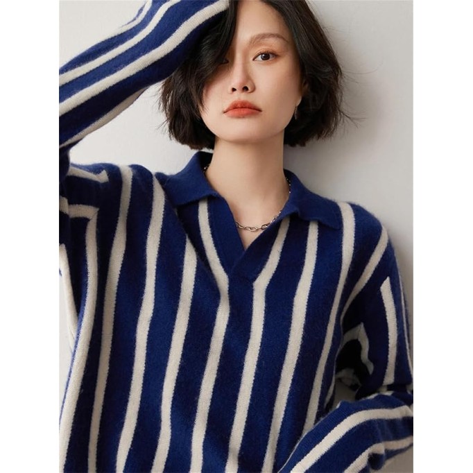 Women's Shawl Collar Pullover Casual Striped Knit Cashmere Sweater Loose Fit Pullover Blue