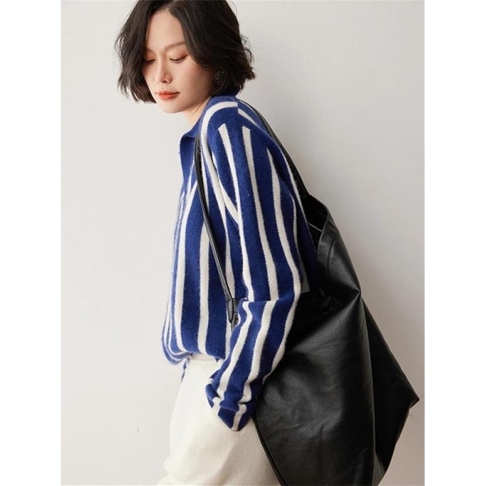 Women's Shawl Collar Pullover Casual Striped Knit Cashmere Sweater Loose Fit Pullover Blue