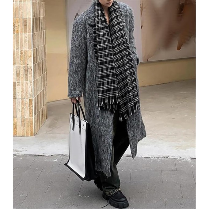 Men Oversized Woolen Pea Coats Long Thickened Warm Shoulder Pads Double Breasted Overcoats Fall Winter