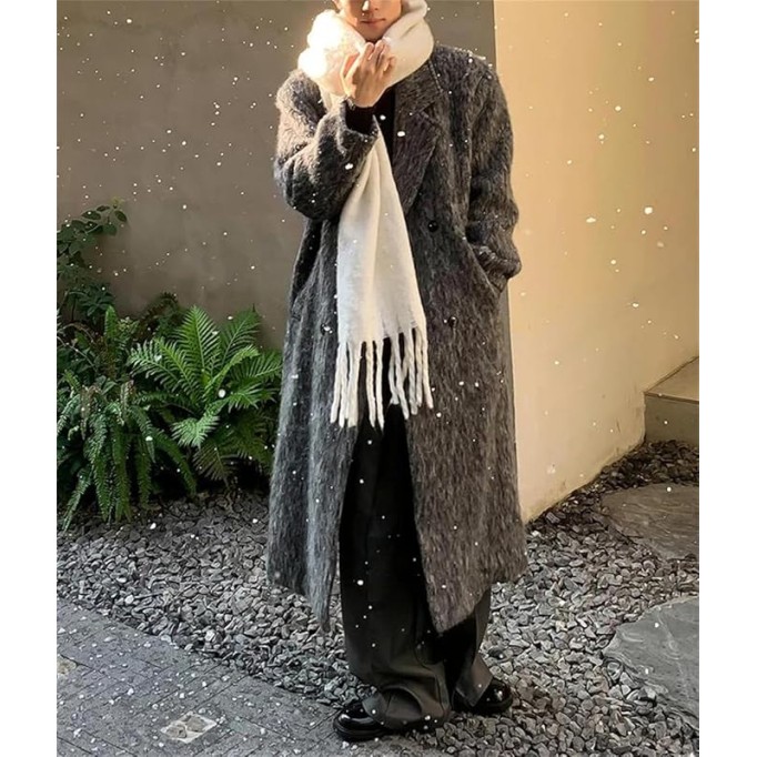 Men Oversized Woolen Pea Coats Long Thickened Warm Shoulder Pads Double Breasted Overcoats Fall Winter