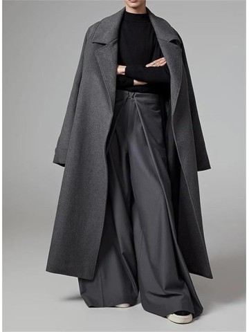 Men Long Woolen Blends Pea Coats Warm Overcoats Fall Winter Oversized Notch Necks