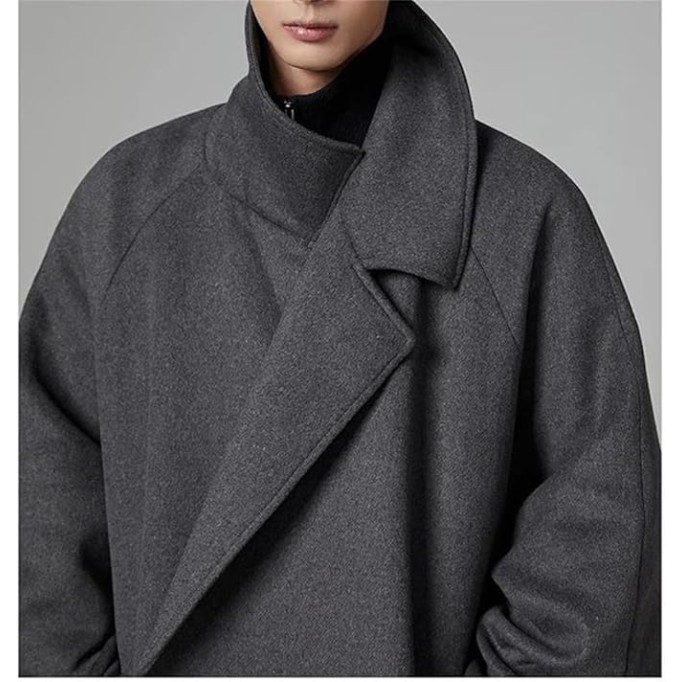 Men Long Woolen Blends Pea Coats Warm Overcoats Fall Winter Oversized Notch Necks