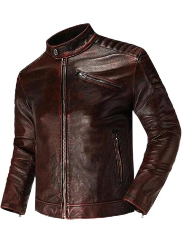 Men's Genuine Cowhide Leather Jacket Vintage Motorcycle Coat Spring Fall Casual Outerwear