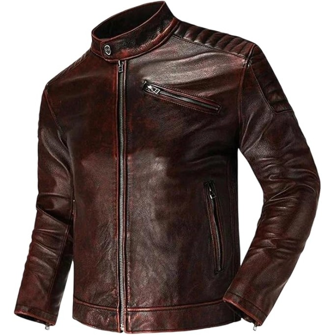 Men's Genuine Cowhide Leather Jacket Vintage Motorcycle Coat Spring Fall Casual Outerwear