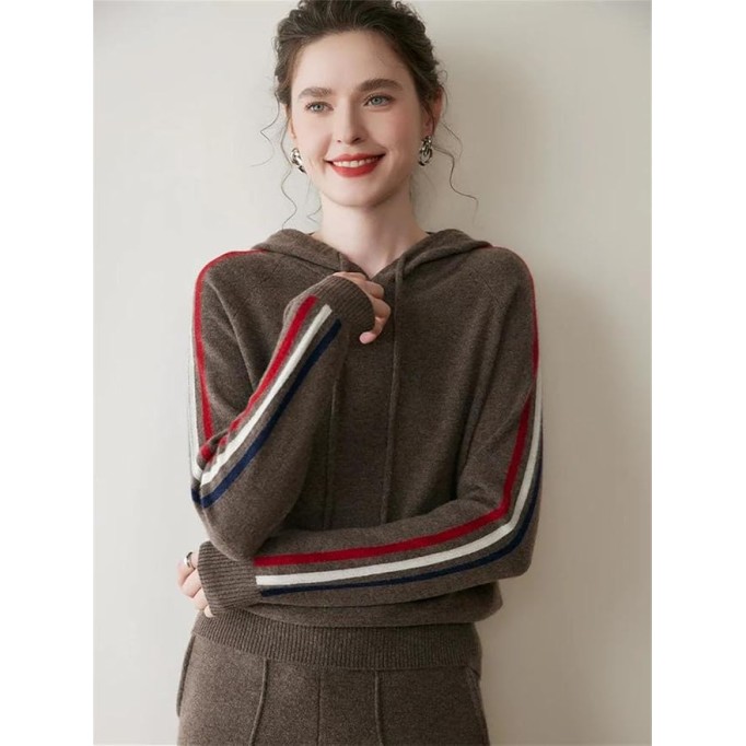 Women Hoodie Clothes 100 Percent Cashmere Sweater Casual Loose Knitted Color Block Pullover Top