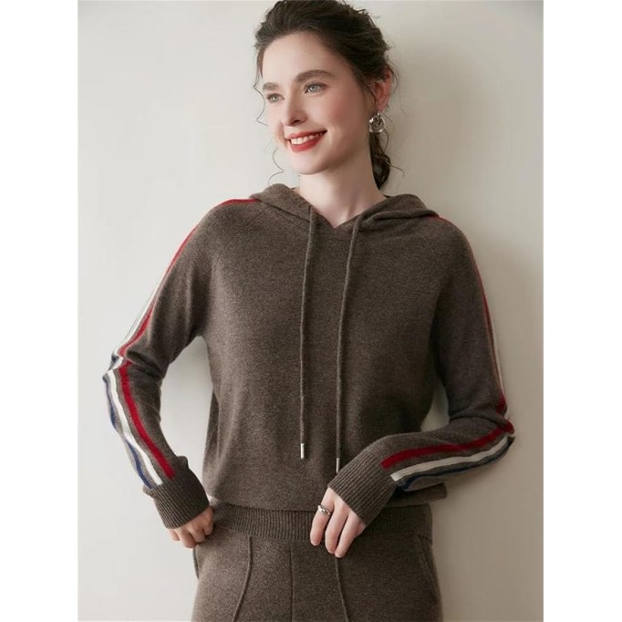 Women Hoodie Clothes 100 Percent Cashmere Sweater Casual Loose Knitted Color Block Pullover Top
