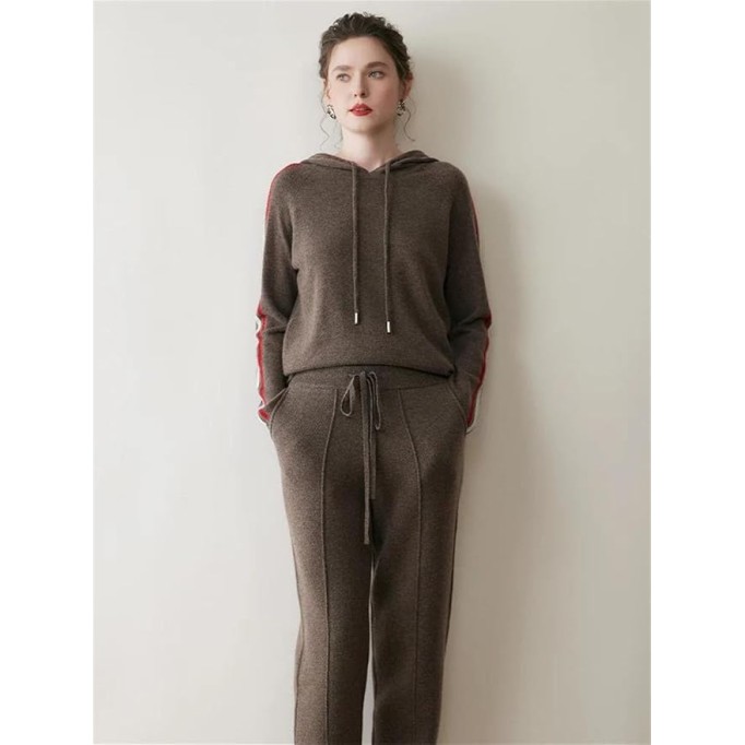 Women Hoodie Clothes 100 Percent Cashmere Sweater Casual Loose Knitted Color Block Pullover Top