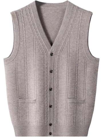 Men's V-Neck Cashmere Cardigan Vest, Loose Sleeveless Knitted Sweater Vest for Autumn and Winter