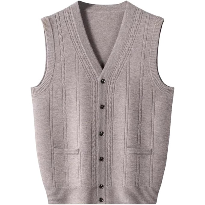 Men's V-Neck Cashmere Cardigan Vest, Loose Sleeveless Knitted Sweater Vest for Autumn and Winter