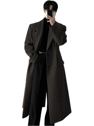 Men's Long Black Wool Trench Coat Single-Breasted Luxury Overcoat
