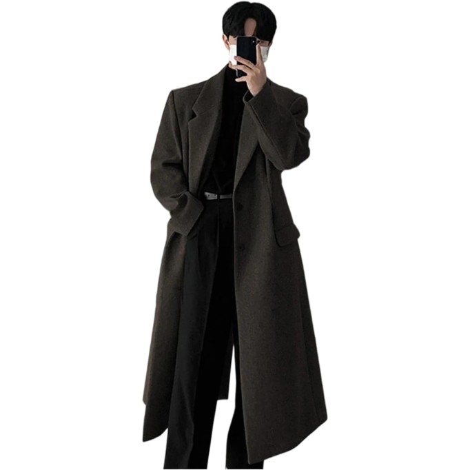 Men's Long Black Wool Trench Coat Single-Breasted Luxury Overcoat