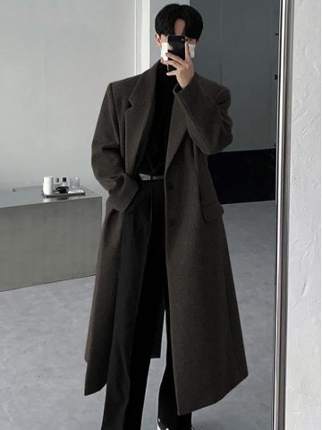 Men's Long Black Wool Trench Coat Single-Breasted Luxury Overcoat