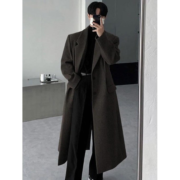 Men's Long Black Wool Trench Coat Single-Breasted Luxury Overcoat