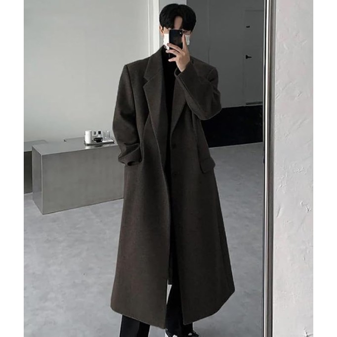 Men's Long Black Wool Trench Coat Single-Breasted Luxury Overcoat