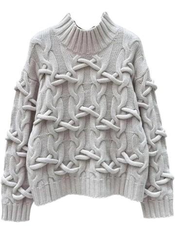 Women's Wool Thicken Sweaters Pullovers High Neck Long Sleeve Loose Casual Cable Knit Jumper