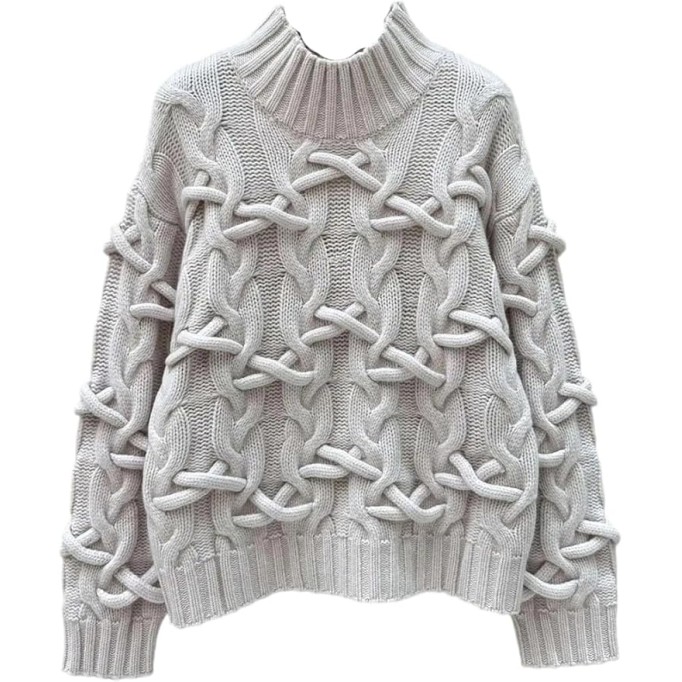 Women's Wool Thicken Sweaters Pullovers High Neck Long Sleeve Loose Casual Cable Knit Jumper