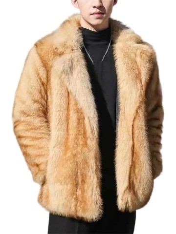 Men's Faux Fur Jacket Casual Turn-Down Collar Long Sleeve Winter Parka Coat