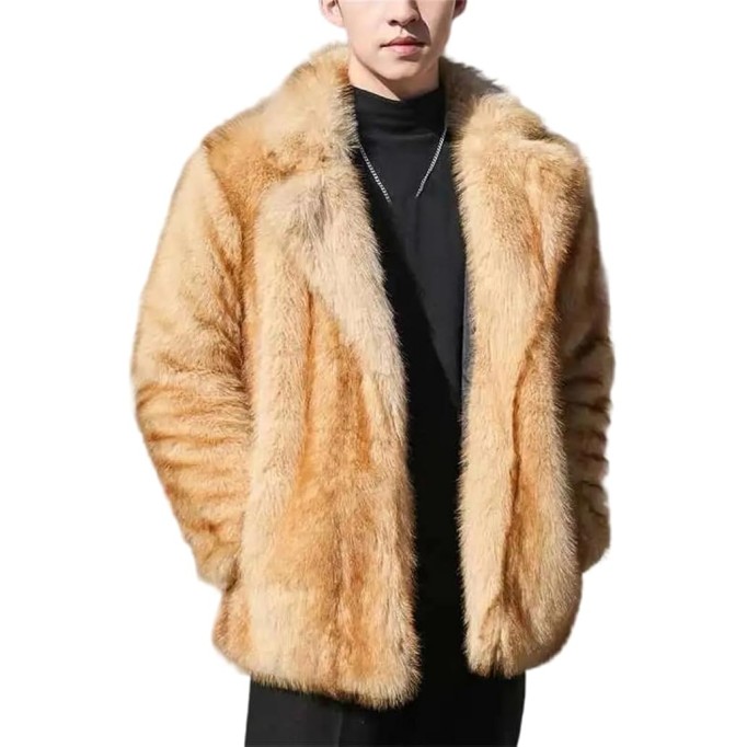 Men's Faux Fur Jacket Casual Turn-Down Collar Long Sleeve Winter Parka Coat