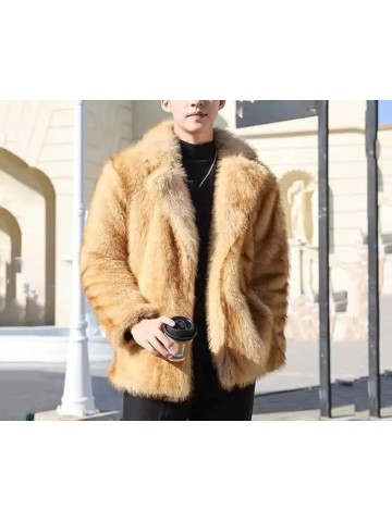 Men's Faux Fur Jacket Casual Turn-Down Collar Long Sleeve Winter Parka Coat