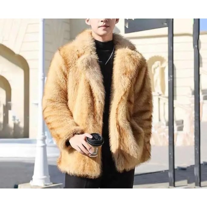 Men's Faux Fur Jacket Casual Turn-Down Collar Long Sleeve Winter Parka Coat