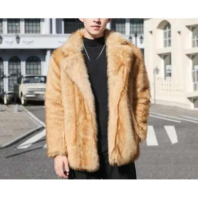Men's Faux Fur Jacket Casual Turn-Down Collar Long Sleeve Winter Parka Coat
