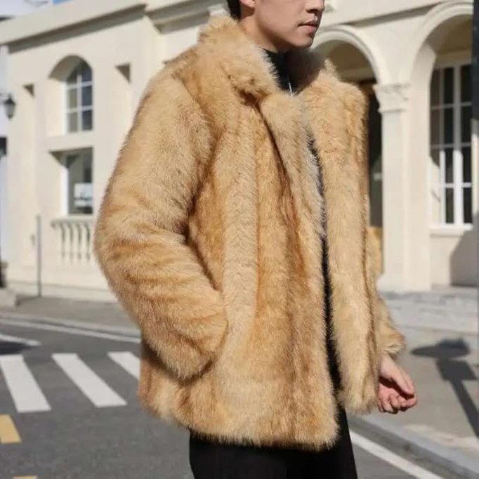 Men's Faux Fur Jacket Casual Turn-Down Collar Long Sleeve Winter Parka Coat