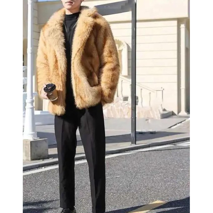 Men's Faux Fur Jacket Casual Turn-Down Collar Long Sleeve Winter Parka Coat